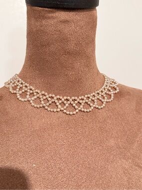 Vintage Faux Pearl Choker Necklace Beaded Lace Design Adjustable Clasp